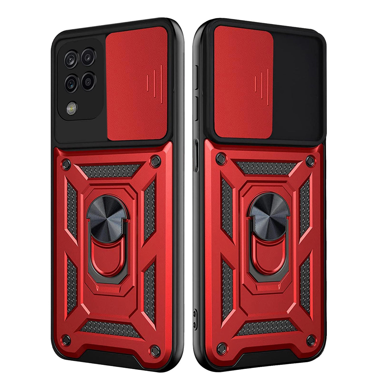 Kickstand Ring Holder with Slide Camera Cover TPU Shockproof Case and Magnetic Car Mount for SAMSUNG GALAXY A42 5G In Red